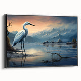 Framed wall art featuring a serene heron and egret design in soft pastel colors, set in a sleek black frame, ideal for enhancing modern decor.