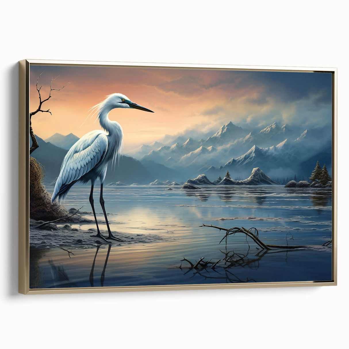 Framed canvas wall art featuring elegant herons and egrets in a serene gold color palette, perfect for enhancing modern home decor. Ideal for bird lovers.
