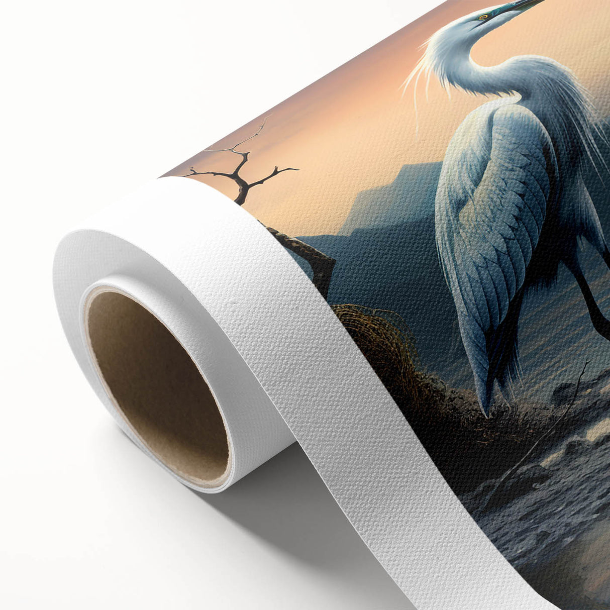 Heron and egret design wall art on rolled canvas, showcasing vibrant colors and intricate details, perfect for nature-inspired home decor.