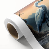 Heron and egret design wall art on rolled canvas, showcasing vibrant colors and intricate details, perfect for nature-inspired home decor.