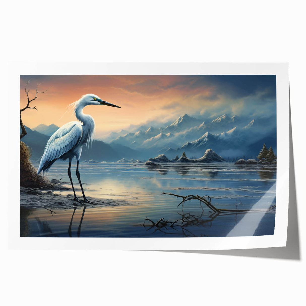 Elegant wall art print showcasing a heron and egret in a serene natural setting, featuring soft pastels and intricate details, perfect for home decor.