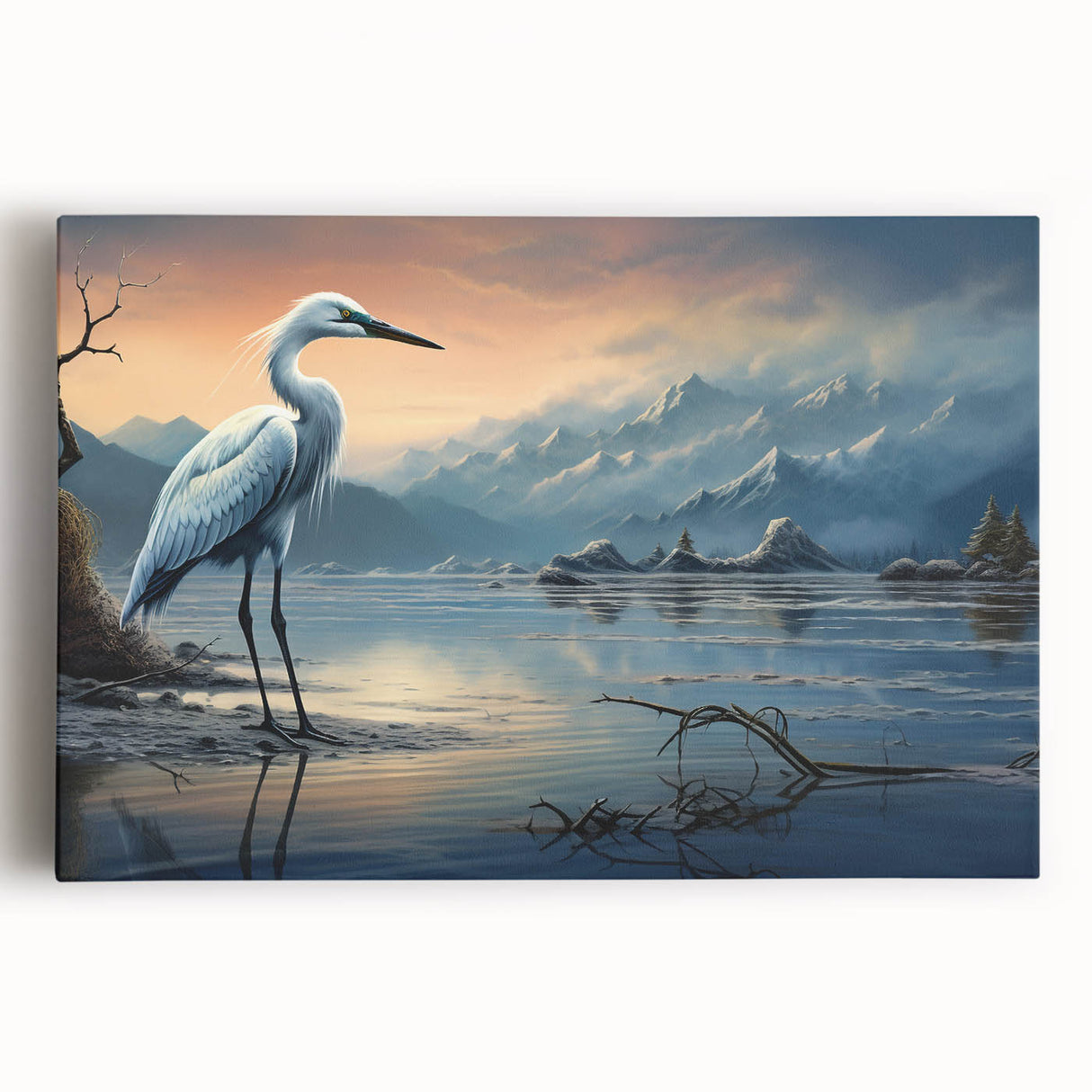 Stretched canvas wall art showcasing a serene heron and egret design, featuring vibrant colors and intricate details, perfect for nature-themed decor.