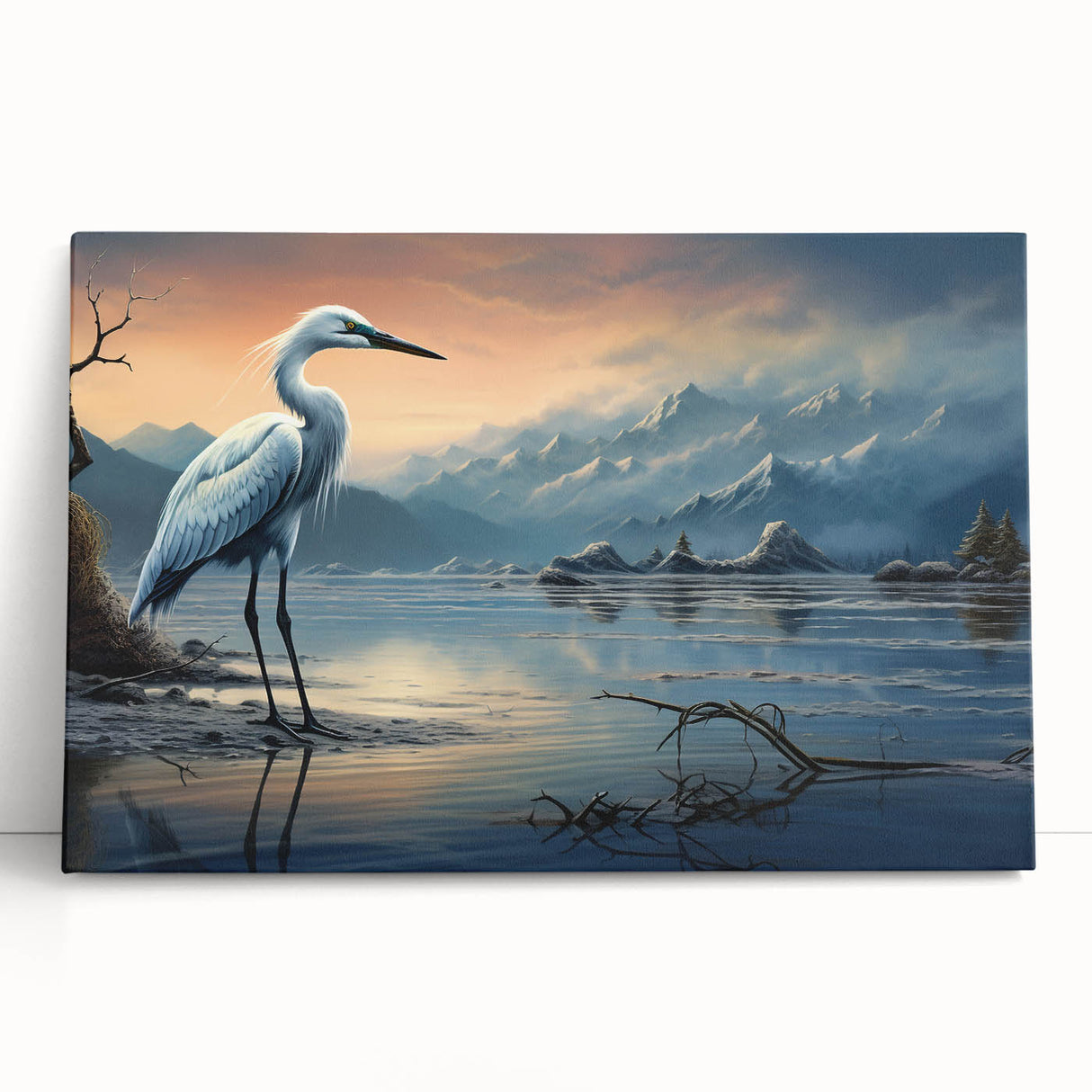 Heron and egret design stretched canvas wall art collection, showcasing elegant birds in soft pastel colors, perfect for modern home decor.