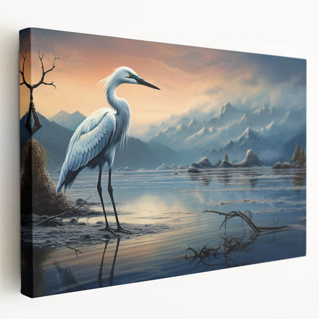 Elegant stretched canvas wall art showcasing a heron and egret design, featuring vibrant colors and detailed textures, perfect for enhancing home decor.