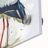 Close-up of a stunning wall art piece featuring a heron and egret design, showcasing vibrant colors and intricate details on acrylic glass, perfect for bird lovers.