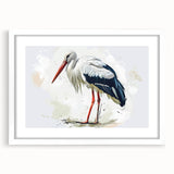 Elegant framed wall art depicting a heron and egret in a serene natural setting, featuring a white mat and a sleek frame, perfect for enhancing home décor.