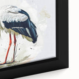 Close-up of a framed canvas wall art piece displaying intricate heron and egret designs, featuring vibrant colors and detailed textures, ideal for nature-themed decor.