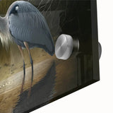 Close-up of a vibrant wall art collection featuring a heron and egret design, printed on acrylic glass, showcasing detailed textures and colors ideal for nature-themed decor.
