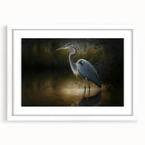 Elegant wall art featuring a heron and egret design, framed in white with a mat, showcasing intricate details and vibrant colors, perfect for enhancing any living space.
