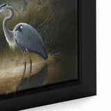 Close-up of a framed canvas wall art featuring a serene heron and egret design, showcasing intricate details and vibrant colors, perfect for nature lovers' decor.