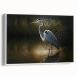 Framed canvas wall art featuring elegant herons and egrets in a serene nature scene, showcasing a white frame and vibrant colors, ideal for home decor.