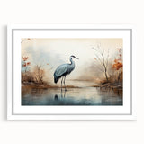 Framed wall art featuring a heron and egret design in a minimalist style, set in a white frame with a mat, ideal for nature-themed decor. Perfect for enhancing living spaces with elegant wildlife imagery.
