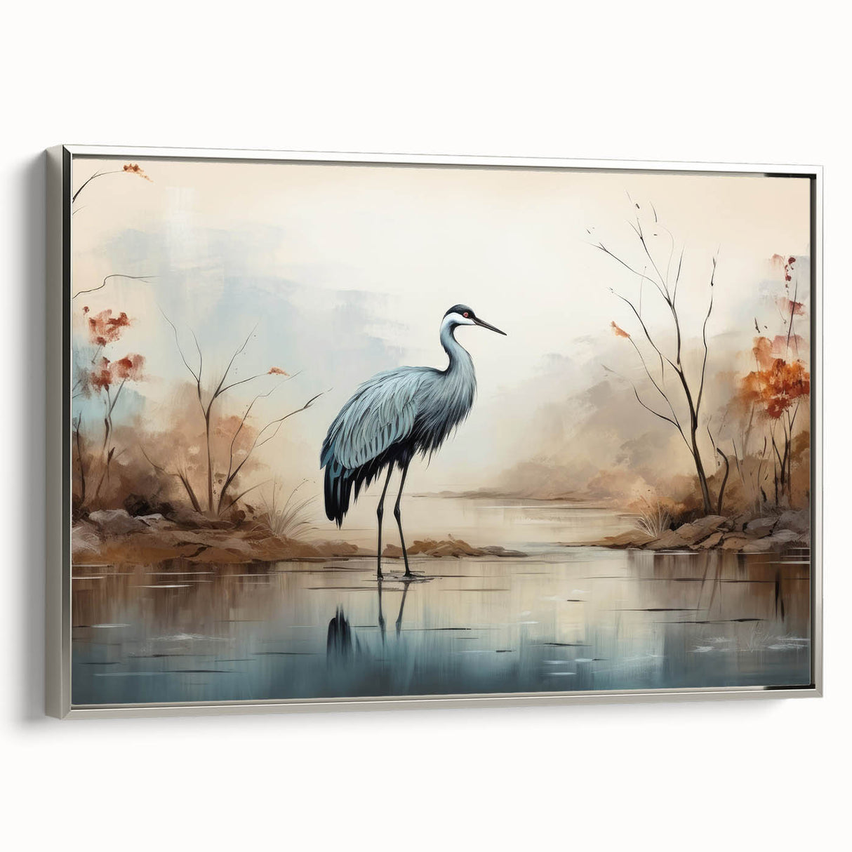 Framed wall art collection featuring a heron and egret design in silver tones, showcasing elegant birds against a textured background, ideal for nature lovers' decor.