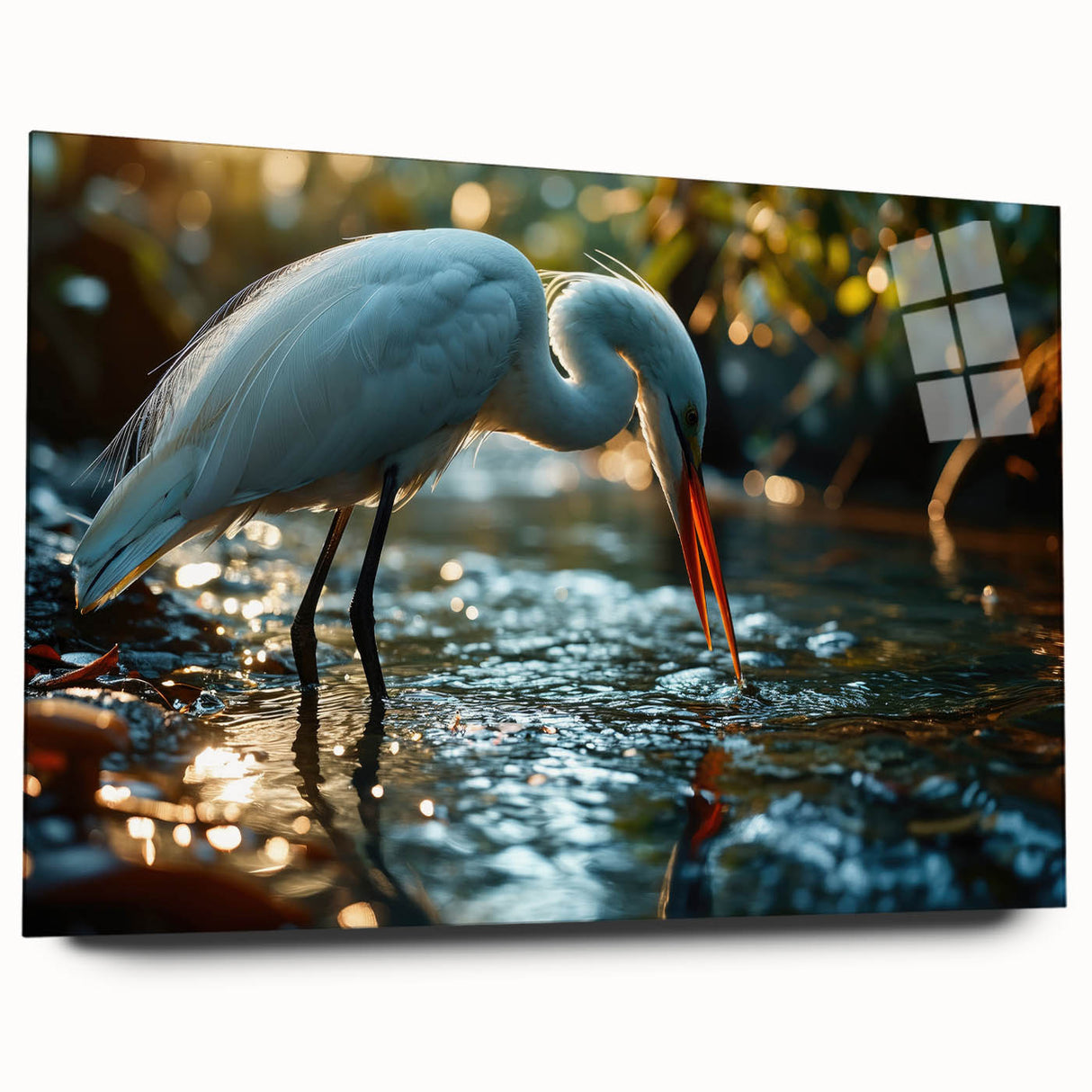 Elegant wall art collection featuring a side view of an acrylic glass display showcasing a heron and egret design, perfect for modern home decor. The artwork emphasizes delicate bird details and vibrant colors, enhancing any interior space with a touch of nature-inspired beauty.