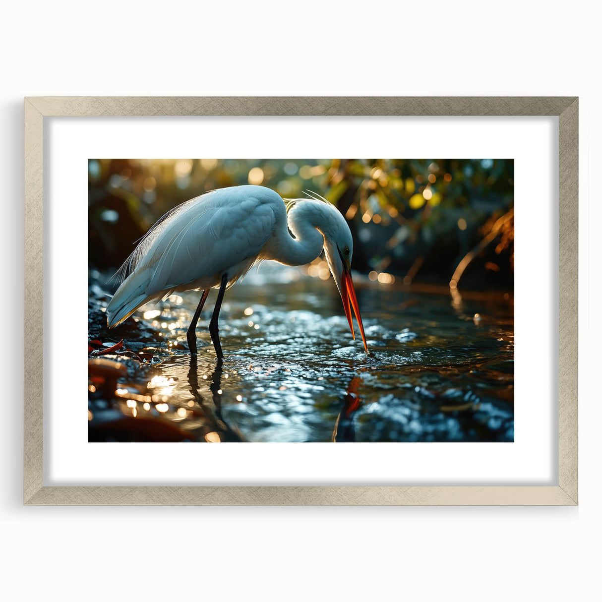 Framed wall art featuring a serene heron and egret design, with a silver frame and matting, ideal for enhancing home decor with nature-inspired elegance.