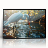 Framed wall art featuring a serene heron and egret design, presented in black acrylic with a sleek front view, ideal for nature-inspired decor.