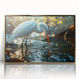 Framed wall art featuring a heron and egret design in a gold-accented frame, showcasing intricate details and vibrant colors, perfect for enhancing home decor.