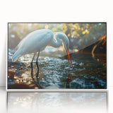 Framed wall art collection showcasing a heron and egret design, featuring vibrant colors and a sleek white frame, ideal for enhancing modern home decor.