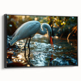 Framed wall art featuring a serene heron and egret design on a black canvas, showcasing intricate details and vibrant colors, perfect for home decor.