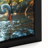 Close-up of a framed canvas wall art collection featuring elegant heron and egret designs, showcasing vibrant colors and intricate details, perfect for home decor.
