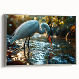 Framed canvas wall art showcasing a heron and egret design, elegantly bordered in silver, perfect for enhancing contemporary decor with nature-inspired elegance.