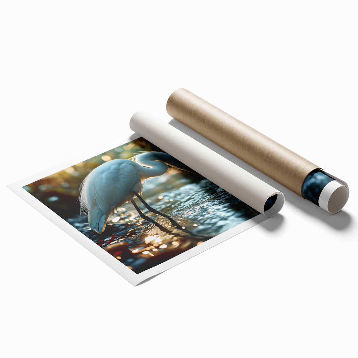 Elegant wall art featuring a heron and egret design, showcasing intricate details and vibrant colors on a rolled print, perfect for home decor.