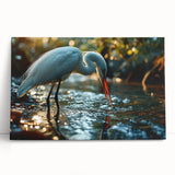 Stretched canvas wall art showcasing a serene heron and egret design, featuring soft blues and greens, perfect for nature-inspired decor in living spaces.