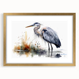 Framed wall art collection showcasing a heron and egret design in a gold frame with matting, ideal for coastal decor and nature-inspired interiors.