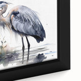 Close-up of a beautifully framed wall art piece depicting a heron and egret design, showcasing vibrant colors and intricate details, perfect for nature lovers.