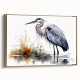 Framed canvas wall art featuring a heron and egret design, set against a gold background, showcasing elegant birds in a serene natural setting. Ideal for home decor.