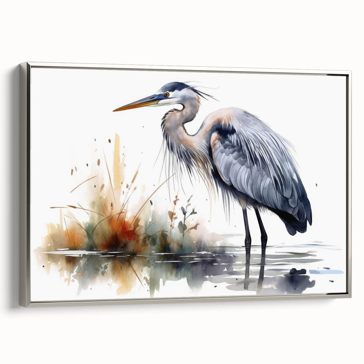 Framed canvas wall art showcasing a serene heron and egret design in silver tones, ideal for enhancing modern home decor with a touch of elegance.