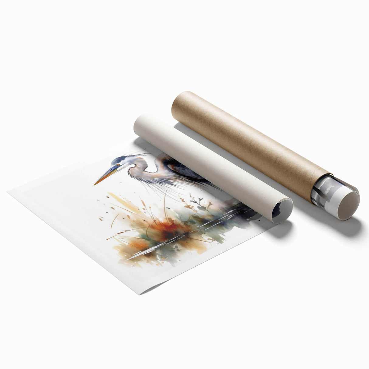 Elegant rolled print showcasing a heron and egret design, featuring vibrant colors and intricate details, ideal for enhancing any nature-inspired decor. Perfect for bird lovers and art enthusiasts seeking a unique wall piece.