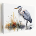 Stretched canvas wall art showcasing a serene heron and egret design in soft blues and whites, ideal for nature-themed decor and tranquil spaces.