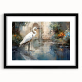 Framed wall art featuring a heron and egret design, showcasing a black frame with a mat, ideal for enhancing modern home decor. Perfect for nature lovers and art enthusiasts.