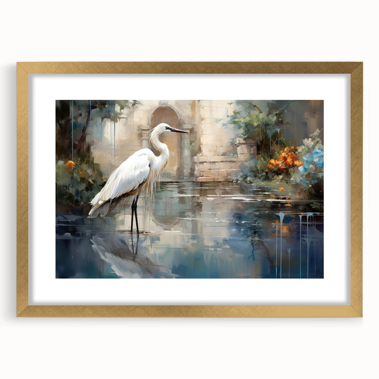 Elegant wall art featuring a heron and egret design, framed in gold with a white mat, perfect for enhancing home decor with a touch of nature-inspired elegance.