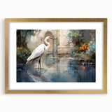 Elegant wall art featuring a heron and egret design, framed in gold with a white mat, perfect for enhancing home decor with a touch of nature-inspired elegance.
