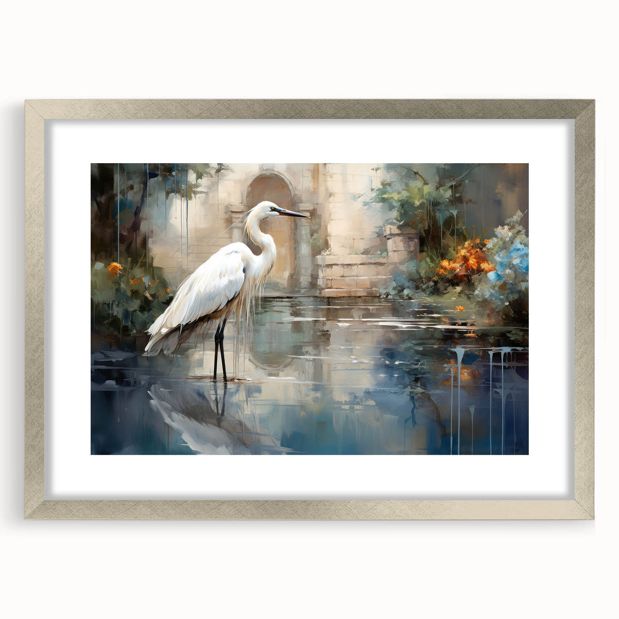 Framed wall art featuring elegant heron and egret designs in silver, showcasing intricate details and a sophisticated mat, perfect for enhancing home decor.