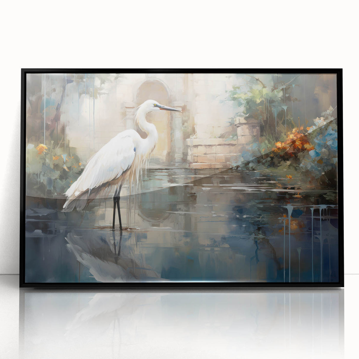 Framed wall art featuring a heron and egret design in a modern black frame, showcasing vibrant colors and intricate details, perfect for nature-inspired decor.