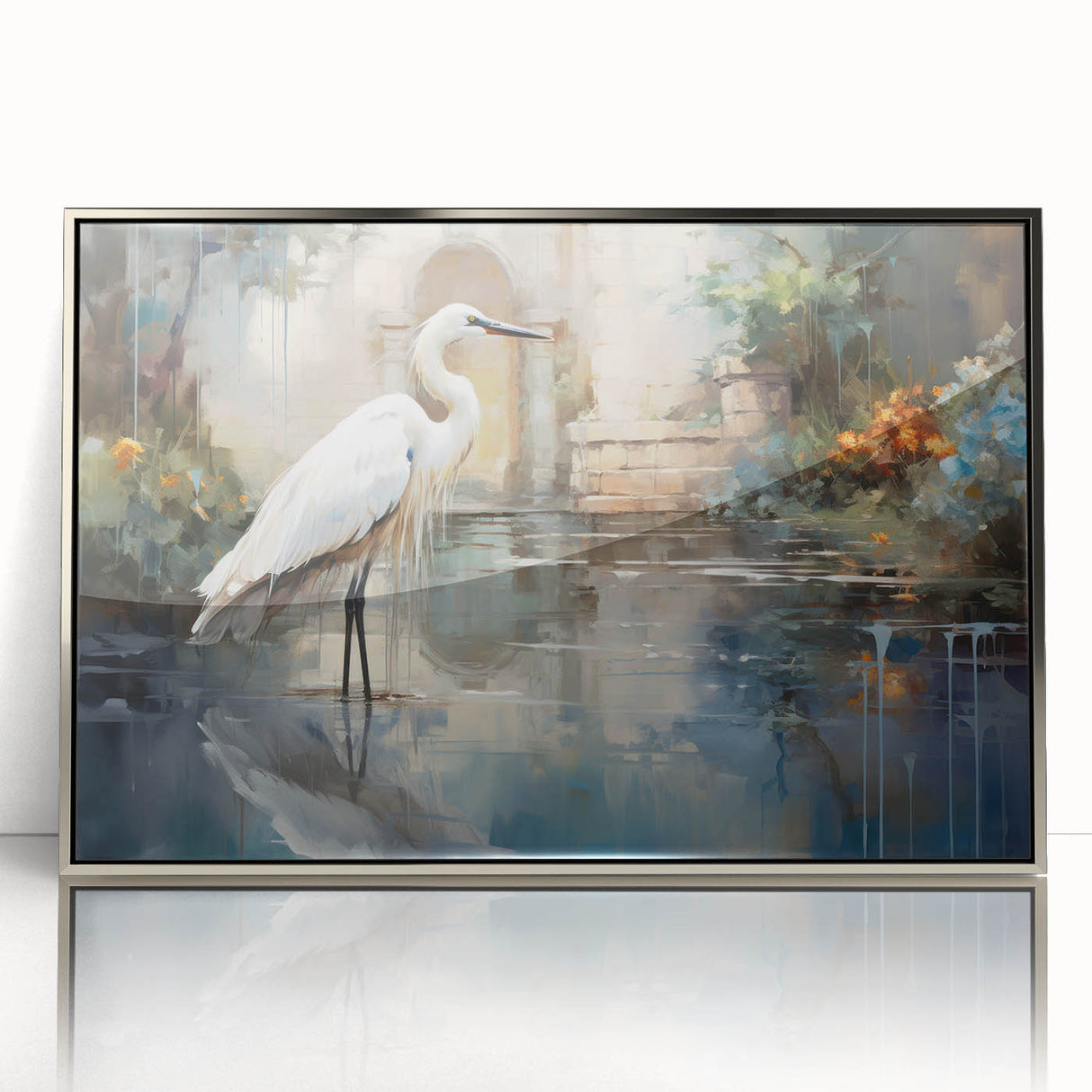 Framed wall art featuring elegant herons and egrets in a serene nature scene, with a sleek silver frame and acrylic front, perfect for contemporary decor.