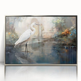 Framed wall art featuring elegant herons and egrets in a serene nature scene, with a sleek silver frame and acrylic front, perfect for contemporary decor.