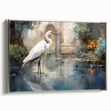 Framed canvas wall art showcasing a serene heron and egret design in silver tones, perfect for enhancing modern home decor. Ideal for nature lovers.