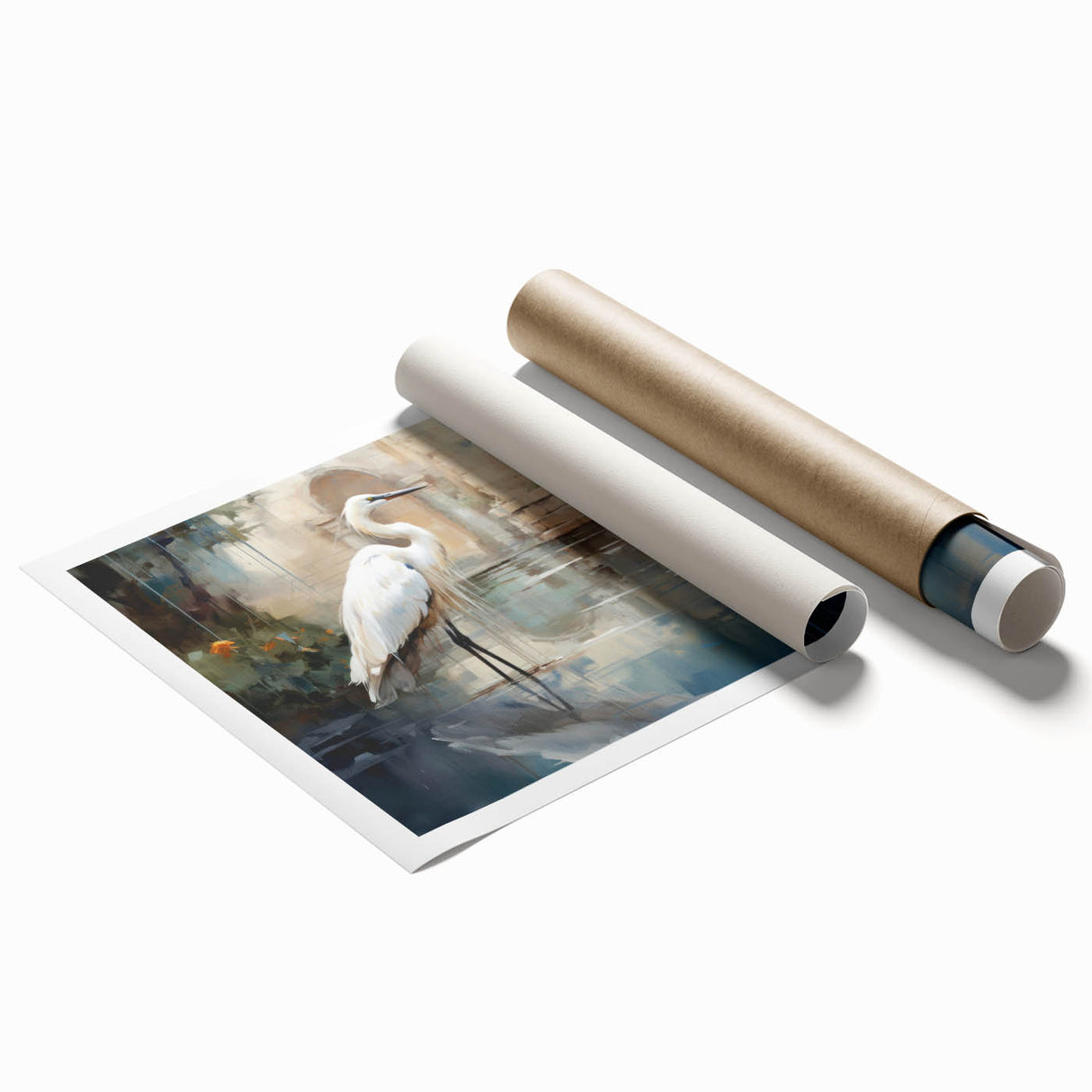 Decorative wall art print showcasing a heron and egret design, featuring vibrant colors and intricate details, rolled for easy display and shipping.