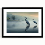 Elegant black-framed wall art piece featuring a serene heron and egret design, showcasing delicate details and soft colors, perfect for enhancing modern decor.