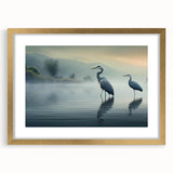 Elegant wall art featuring a heron and egret design, framed with a gold border, showcasing delicate details and vibrant colors. Ideal for enhancing home decor with a nature-inspired theme.