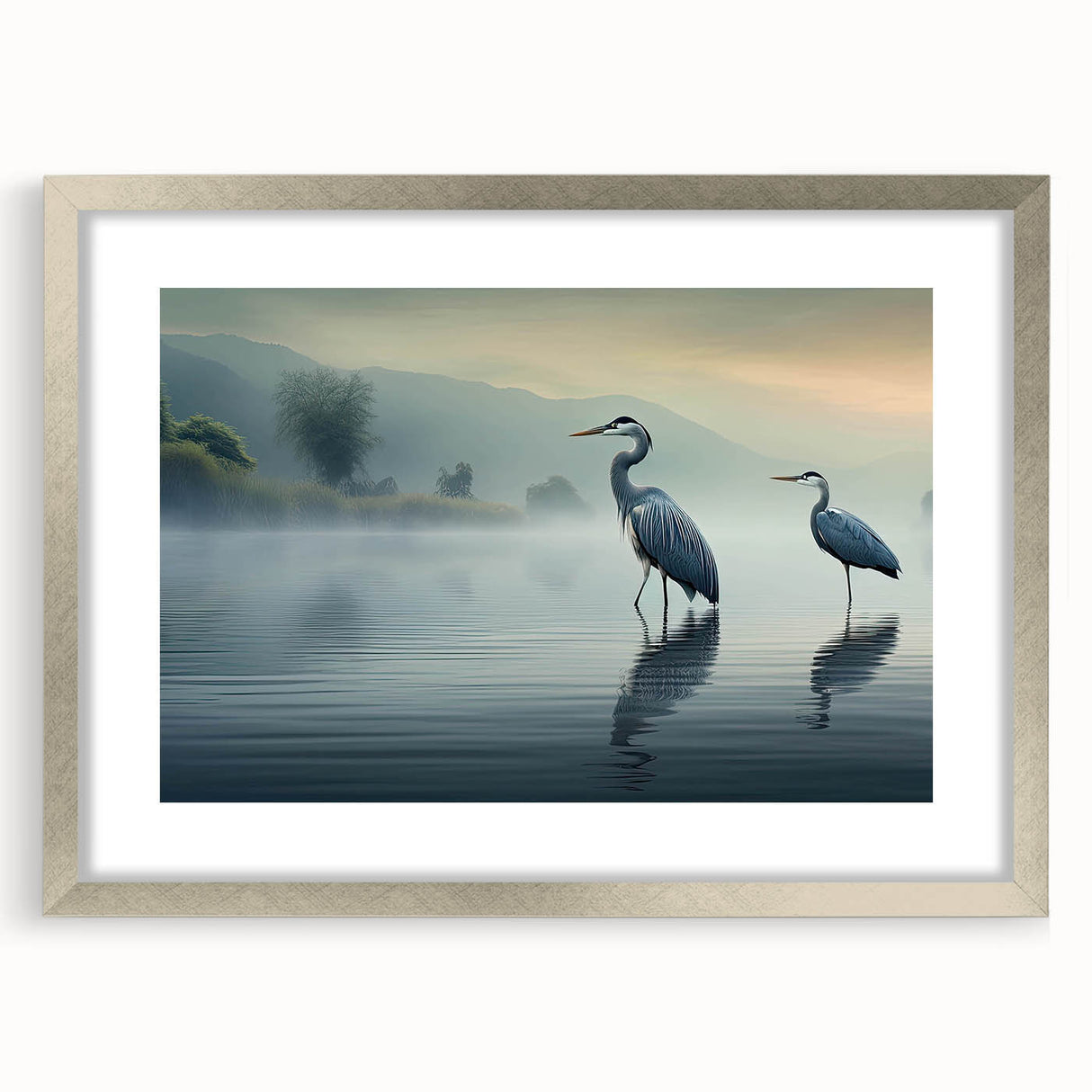 Framed wall art featuring a serene heron and egret design, showcasing intricate details and a silver frame with mat, perfect for enhancing any decor.