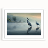 Elegant wall art featuring a white-framed design of a heron and egret, showcasing intricate bird illustrations perfect for nature lovers. Ideal for enhancing home decor.