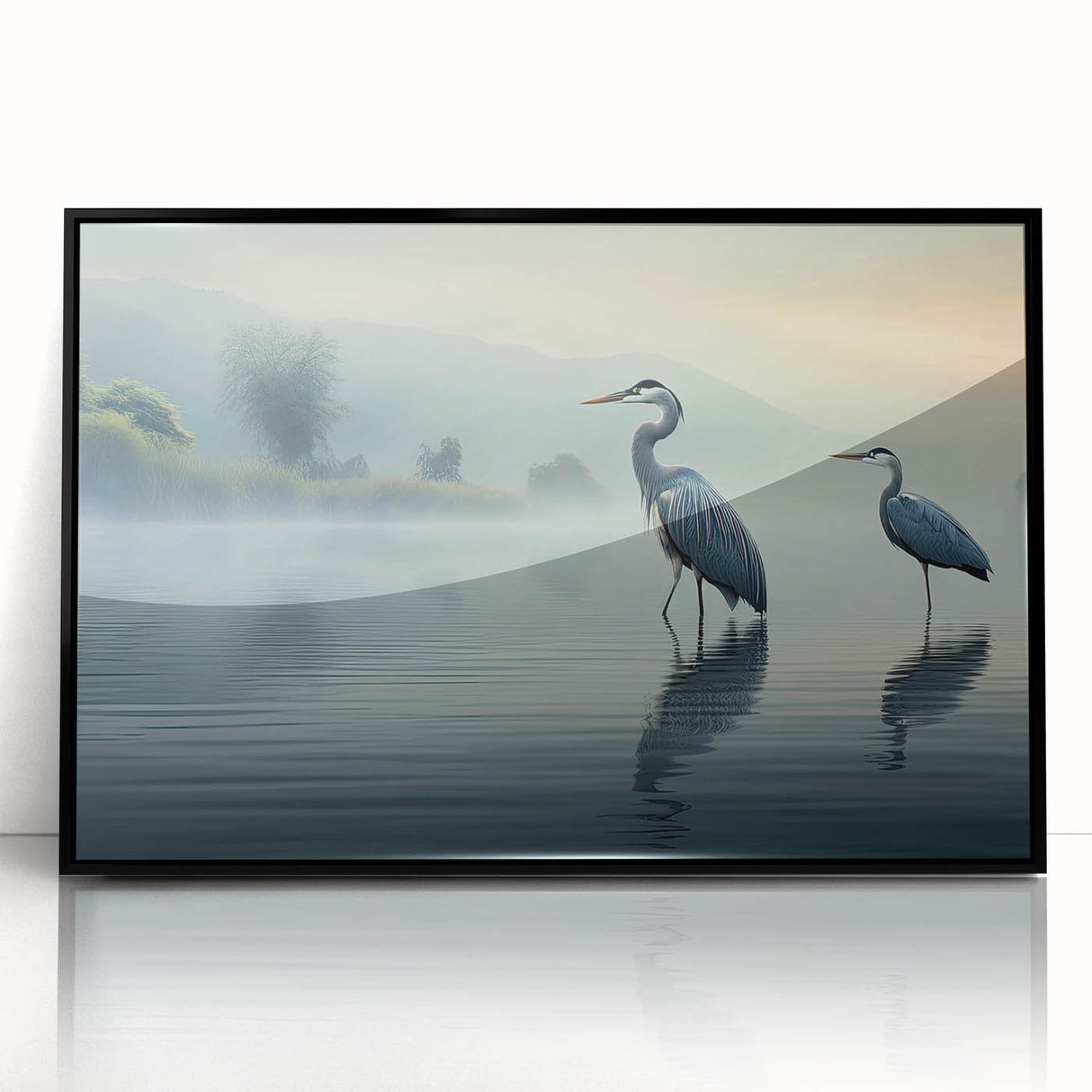 Framed wall art featuring a heron and egret design, showcasing intricate details and vibrant colors, perfect for enhancing home decor and adding a touch of nature.