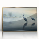 Framed wall art featuring a striking design of herons and egrets in a gold-accented acrylic frame, adding elegance to any decor. Ideal for nature enthusiasts.