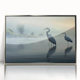 Framed wall art showcasing a striking design of a heron and egret, featuring a sleek silver frame and a glossy acrylic finish, perfect for modern home decor.