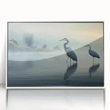 Framed wall art showcasing a serene heron and egret design, featuring vibrant colors and an elegant white frame, perfect for enhancing home decor.